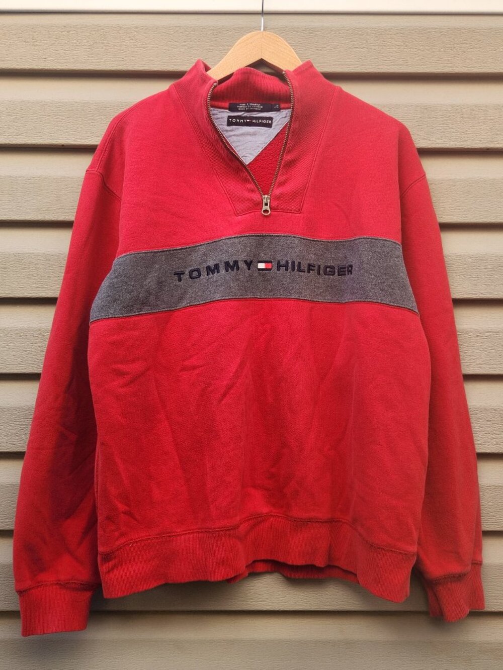 Tommy Hilfiger Quarter Zip Sweatshirt Pullover Red Mens Size Large